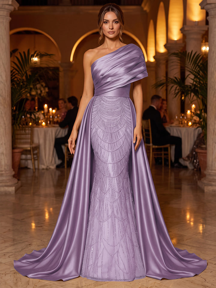 A-Line/Princess One-Shoulder Sleeveless Satin Floor-Length Evening Dresses with Sequins