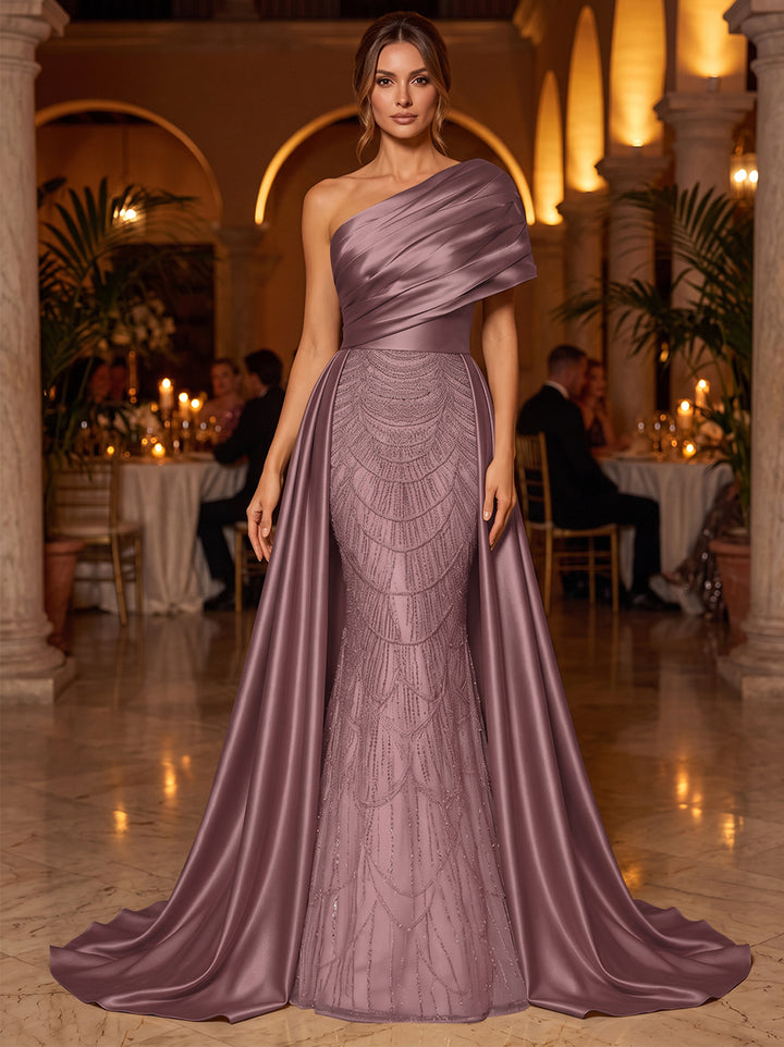 A-Line/Princess One-Shoulder Sleeveless Satin Floor-Length Evening Dresses with Sequins