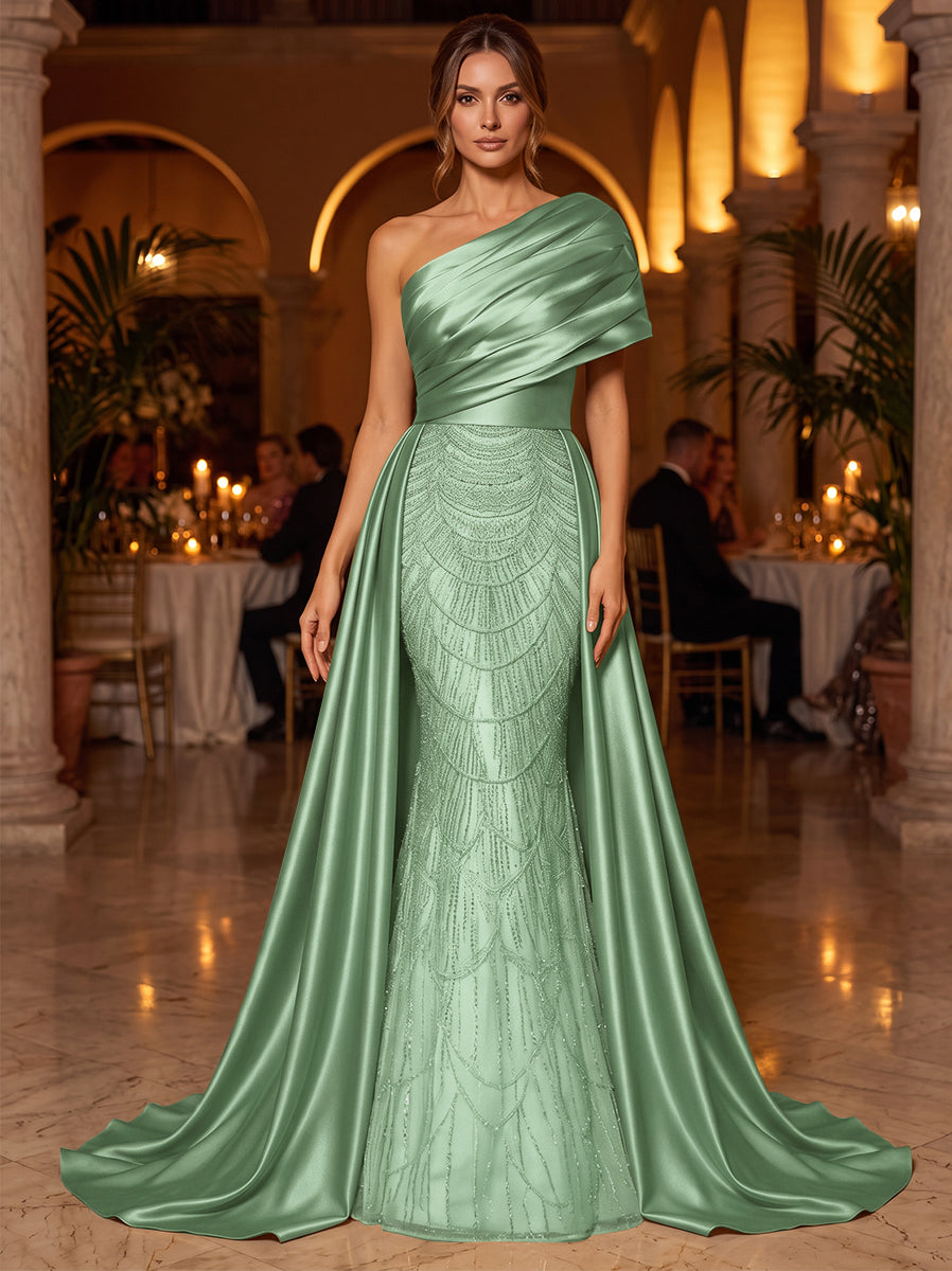 A-Line/Princess One-Shoulder Sleeveless Satin Floor-Length Evening Dresses with Sequins