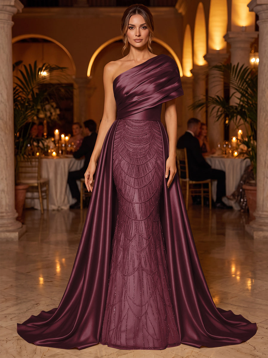 A-Line/Princess One-Shoulder Sleeveless Satin Floor-Length Evening Dresses with Sequins