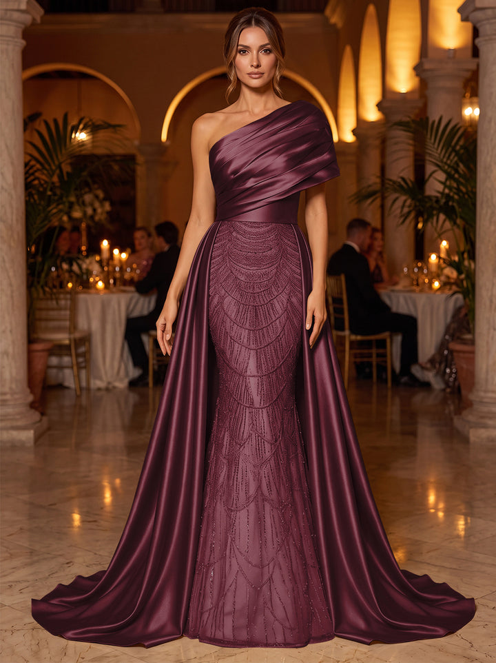A-Line/Princess One-Shoulder Sleeveless Satin Floor-Length Evening Dresses with Sequins