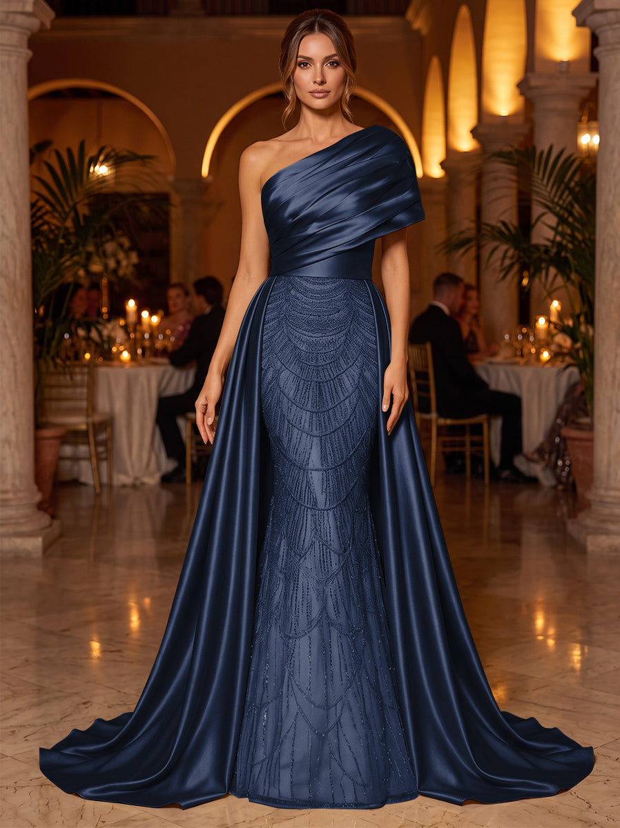 A-Line/Princess One-Shoulder Sleeveless Satin Floor-Length Evening Dresses with Sequins