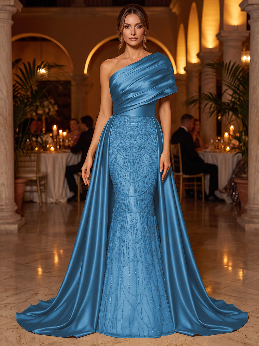 A-Line/Princess One-Shoulder Sleeveless Satin Floor-Length Evening Dresses with Sequins
