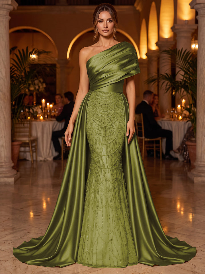 A-Line/Princess One-Shoulder Sleeveless Satin Floor-Length Evening Dresses with Sequins