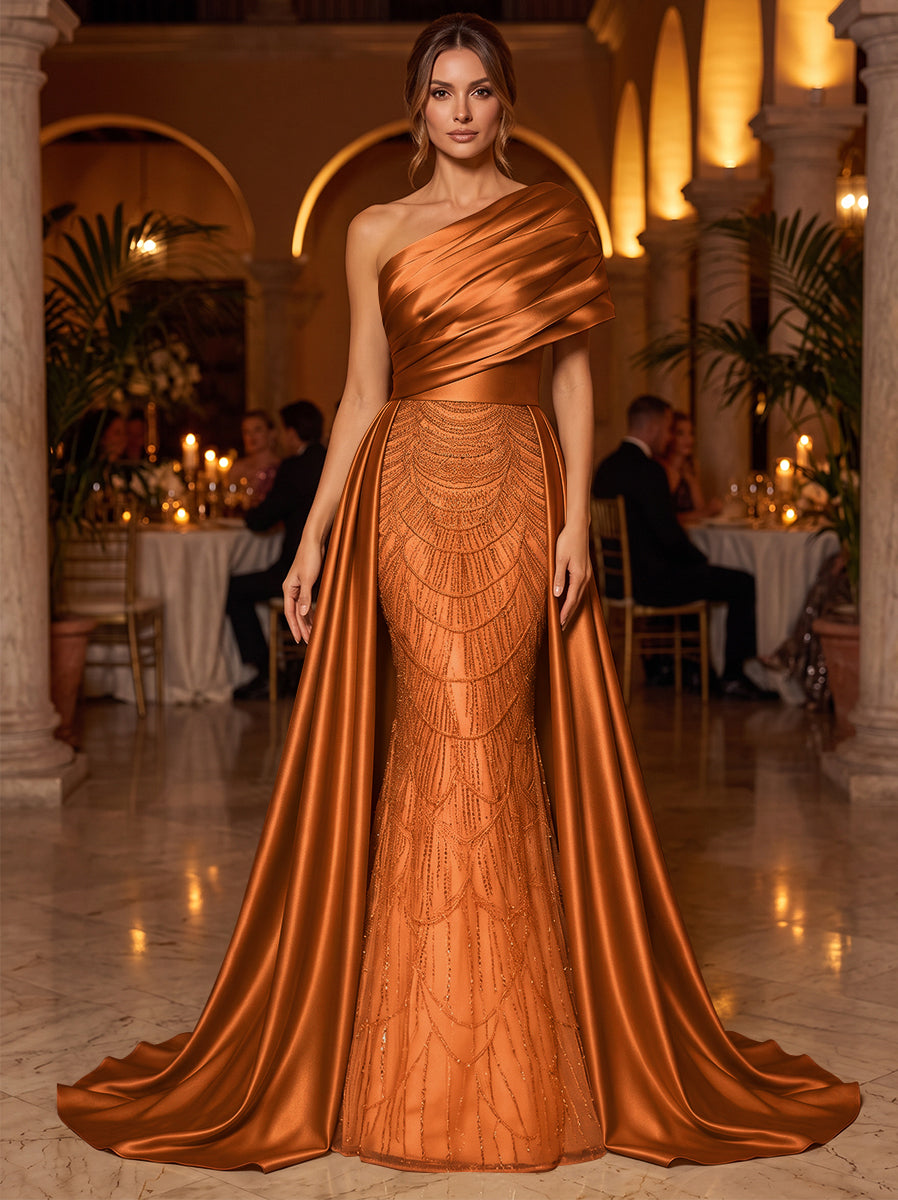 A-Line/Princess One-Shoulder Sleeveless Satin Floor-Length Evening Dresses with Sequins