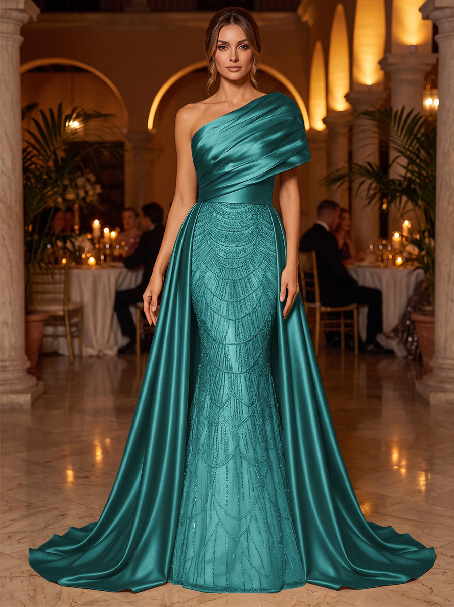 A-Line/Princess One-Shoulder Sleeveless Satin Floor-Length Evening Dresses with Sequins