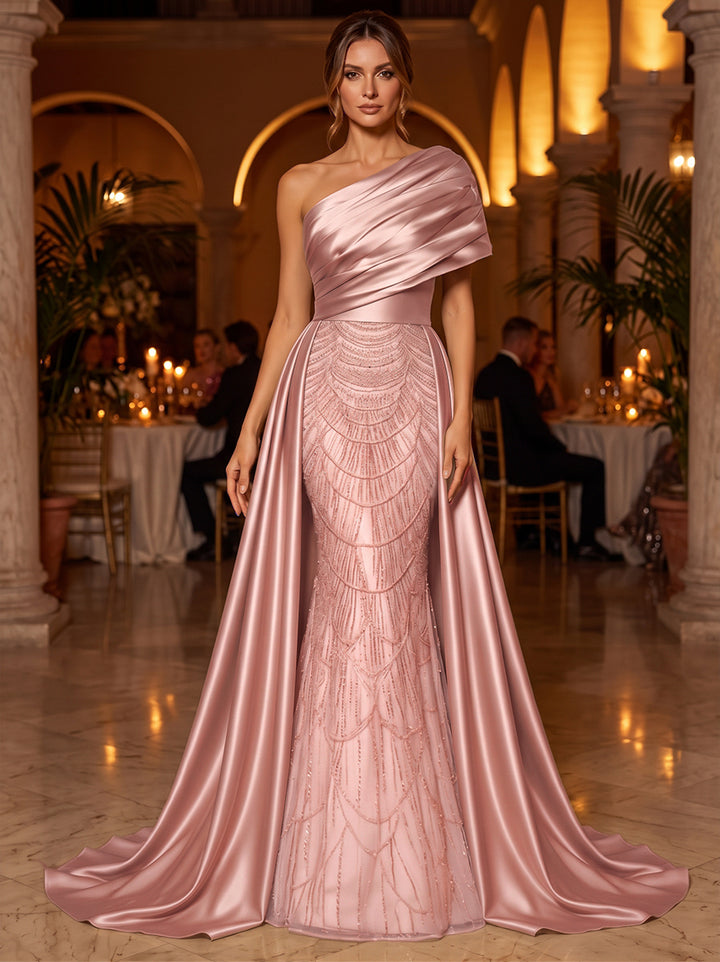 A-Line/Princess One-Shoulder Sleeveless Satin Floor-Length Evening Dresses with Sequins