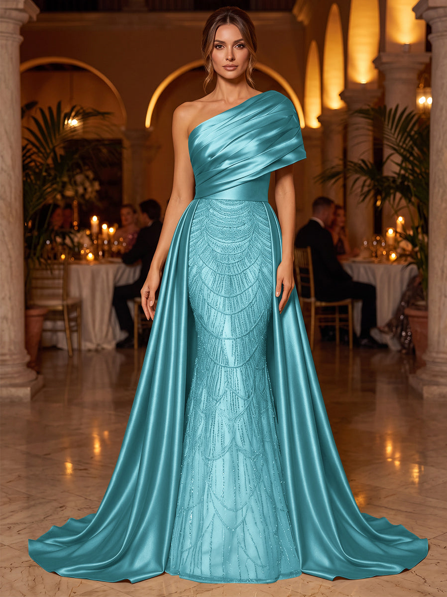 A-Line/Princess One-Shoulder Sleeveless Satin Floor-Length Evening Dresses with Sequins