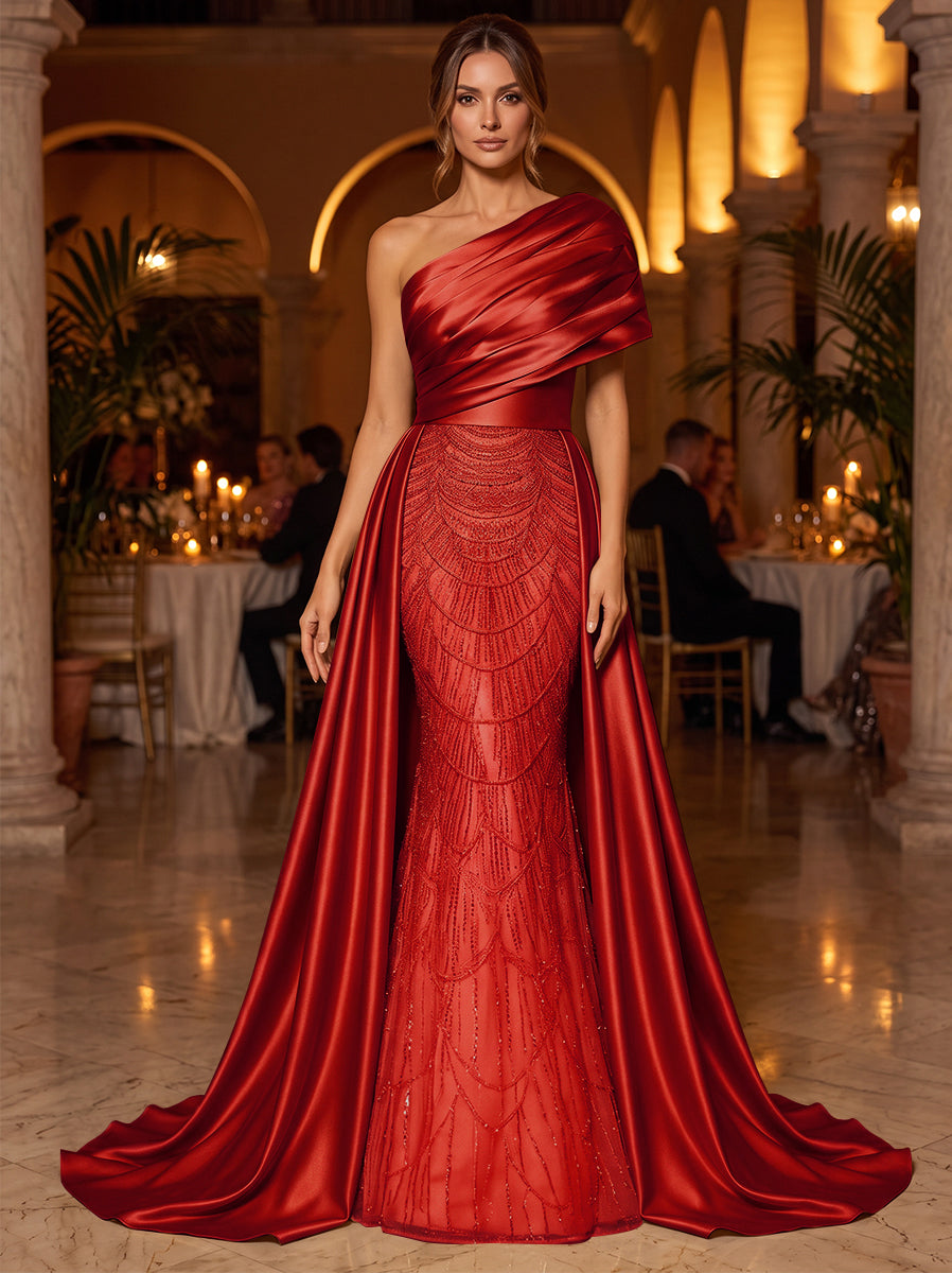 A-Line/Princess One-Shoulder Sleeveless Satin Floor-Length Evening Dresses with Sequins