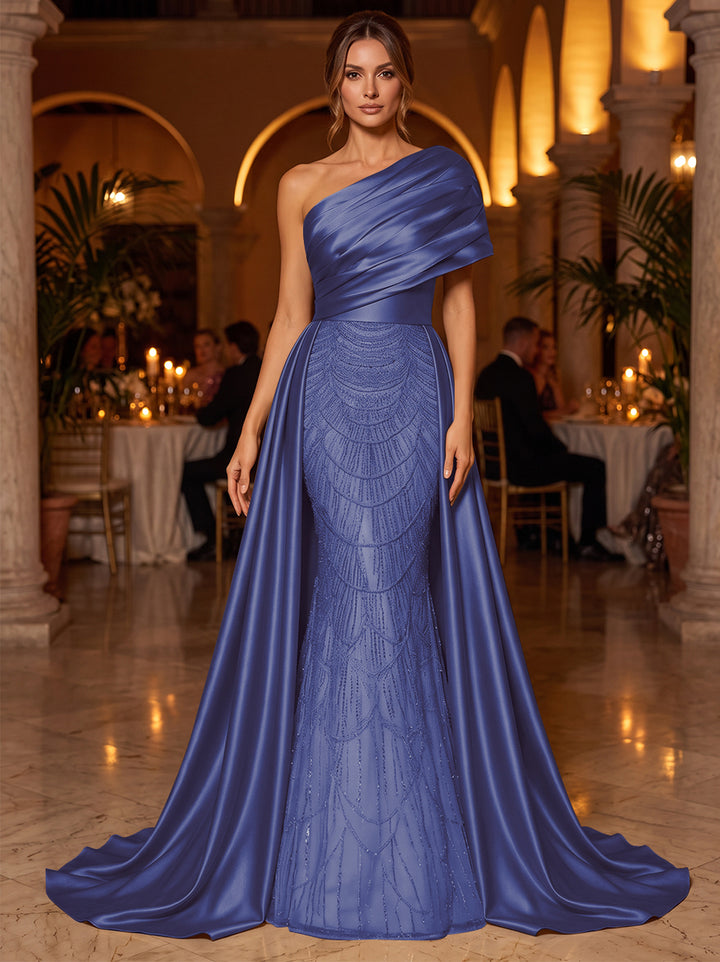 A-Line/Princess One-Shoulder Sleeveless Satin Floor-Length Evening Dresses with Sequins