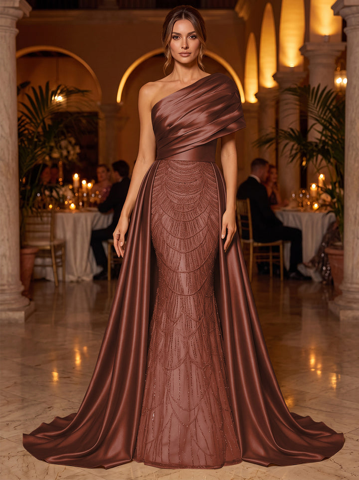 A-Line/Princess One-Shoulder Sleeveless Satin Floor-Length Evening Dresses with Sequins