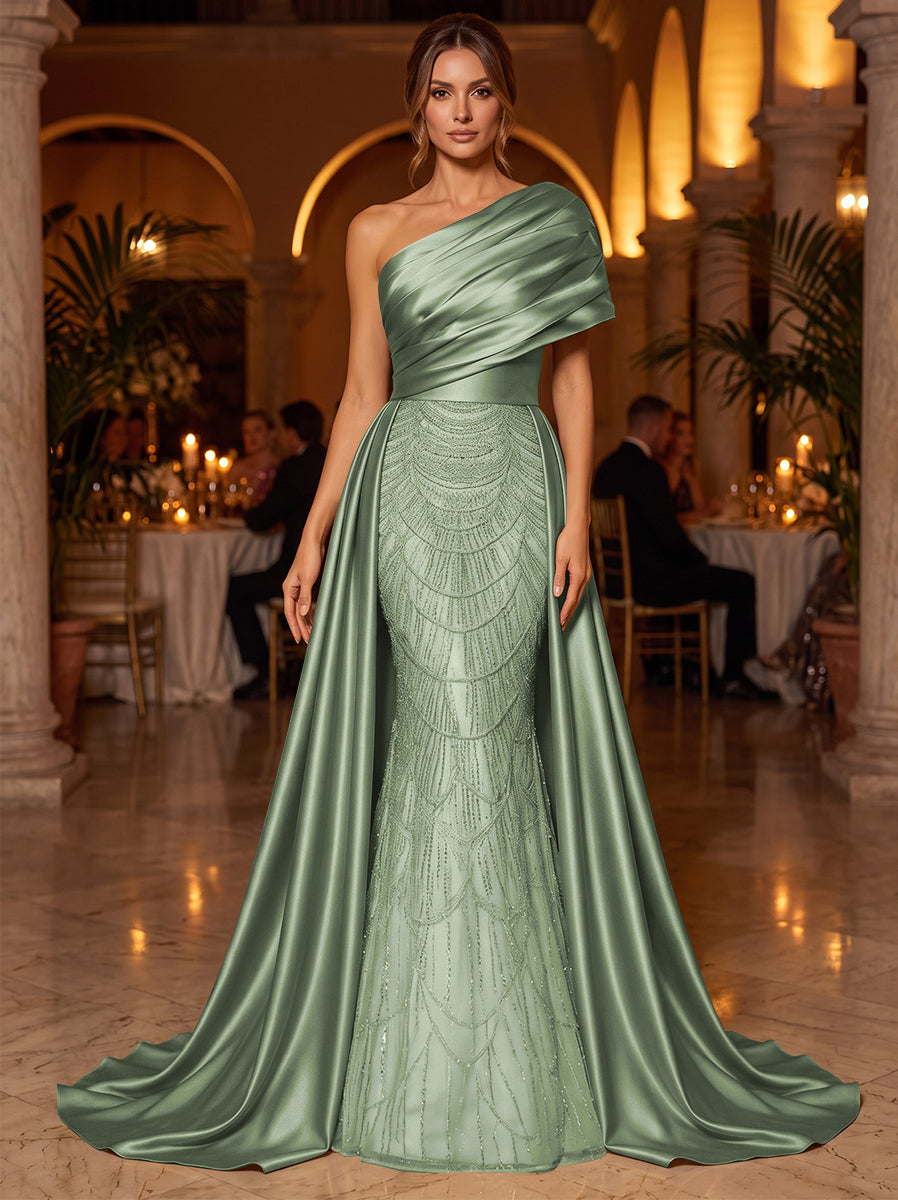 A-Line/Princess One-Shoulder Sleeveless Satin Floor-Length Evening Dresses with Sequins