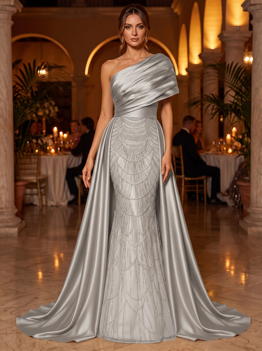 A-Line/Princess One-Shoulder Sleeveless Satin Floor-Length Evening Dresses with Sequins