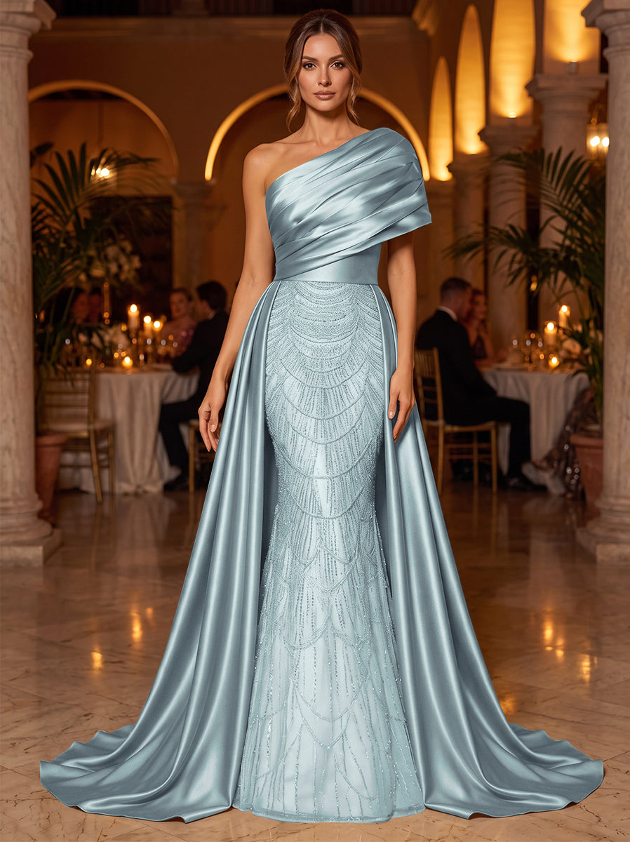 A-Line/Princess One-Shoulder Sleeveless Satin Floor-Length Evening Dresses with Sequins