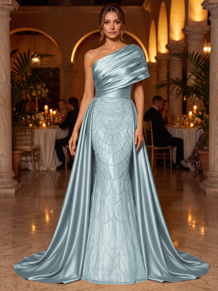 A-Line/Princess One-Shoulder Sleeveless Satin Floor-Length Evening Dresses with Sequins
