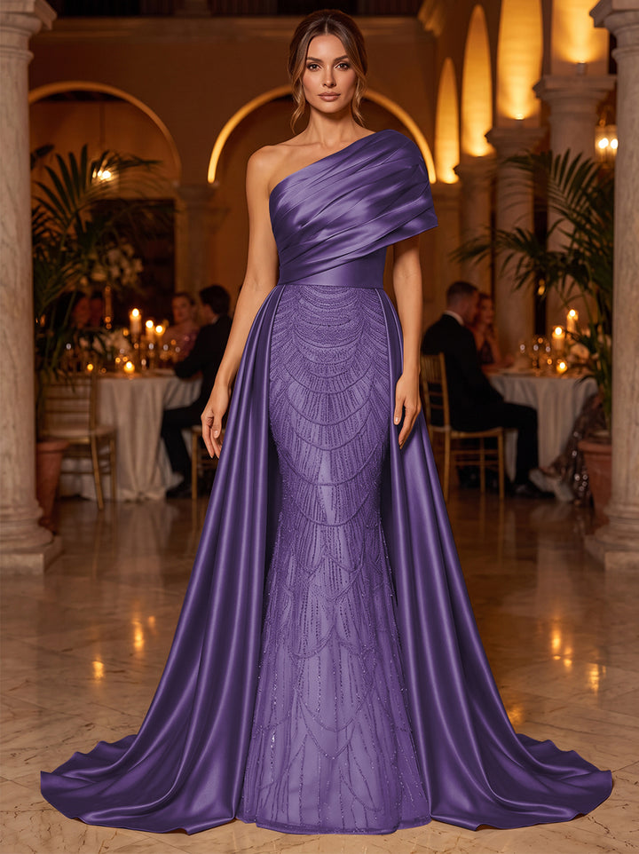A-Line/Princess One-Shoulder Sleeveless Satin Floor-Length Evening Dresses with Sequins