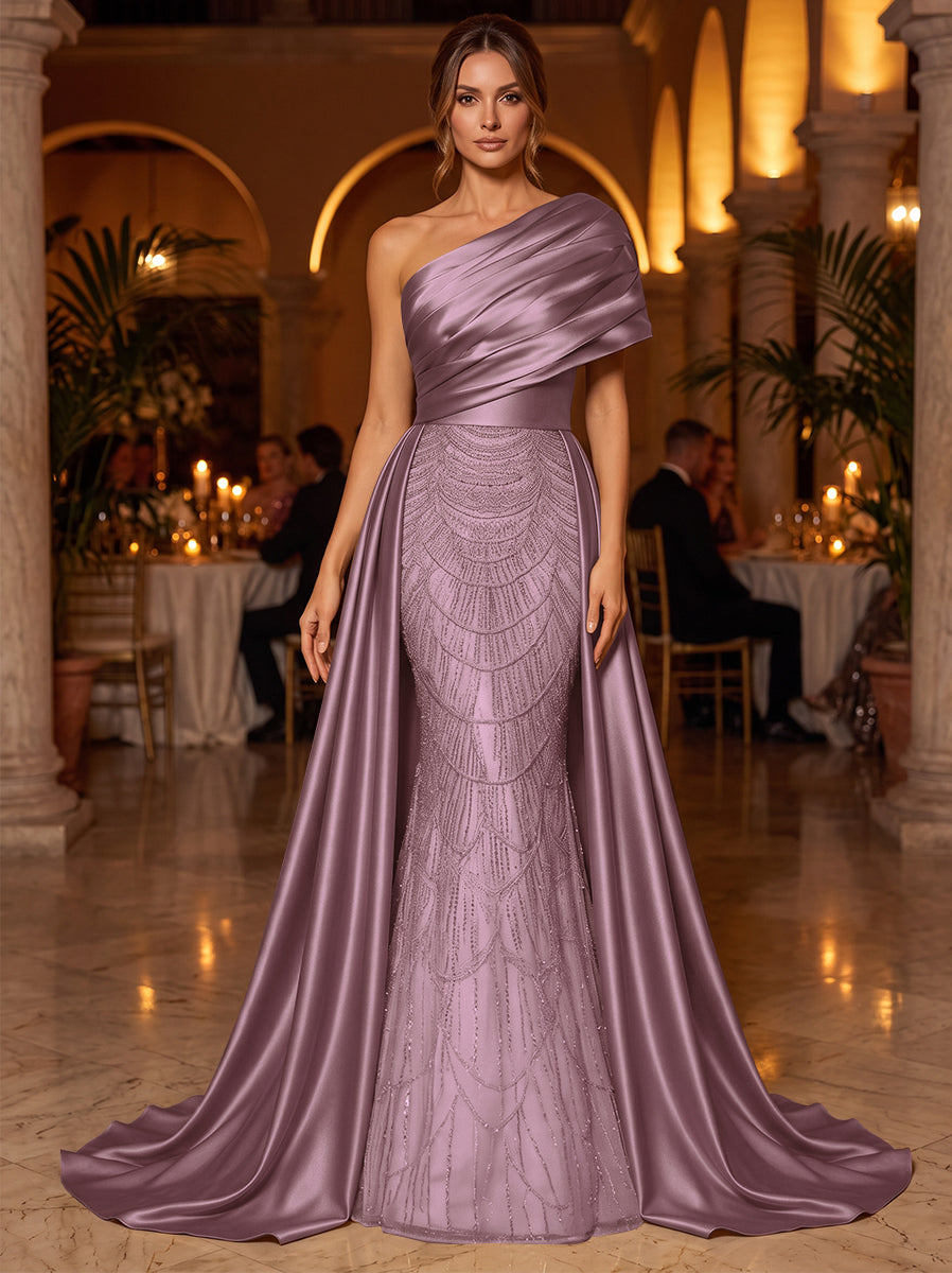 A-Line/Princess One-Shoulder Sleeveless Satin Floor-Length Evening Dresses with Sequins
