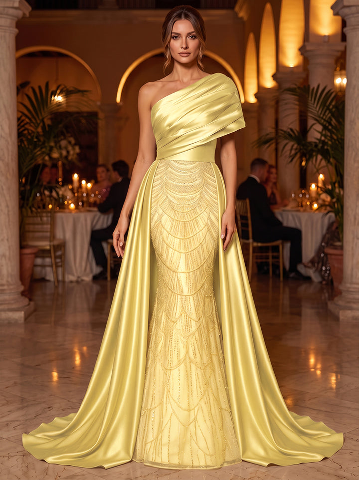 A-Line/Princess One-Shoulder Sleeveless Satin Floor-Length Evening Dresses with Sequins