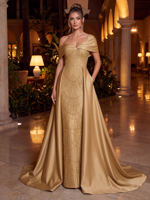 A-Line/Princess Off-the-Shoulder Sleeveless Satin Floor-Length Evening Dresses with Sequins