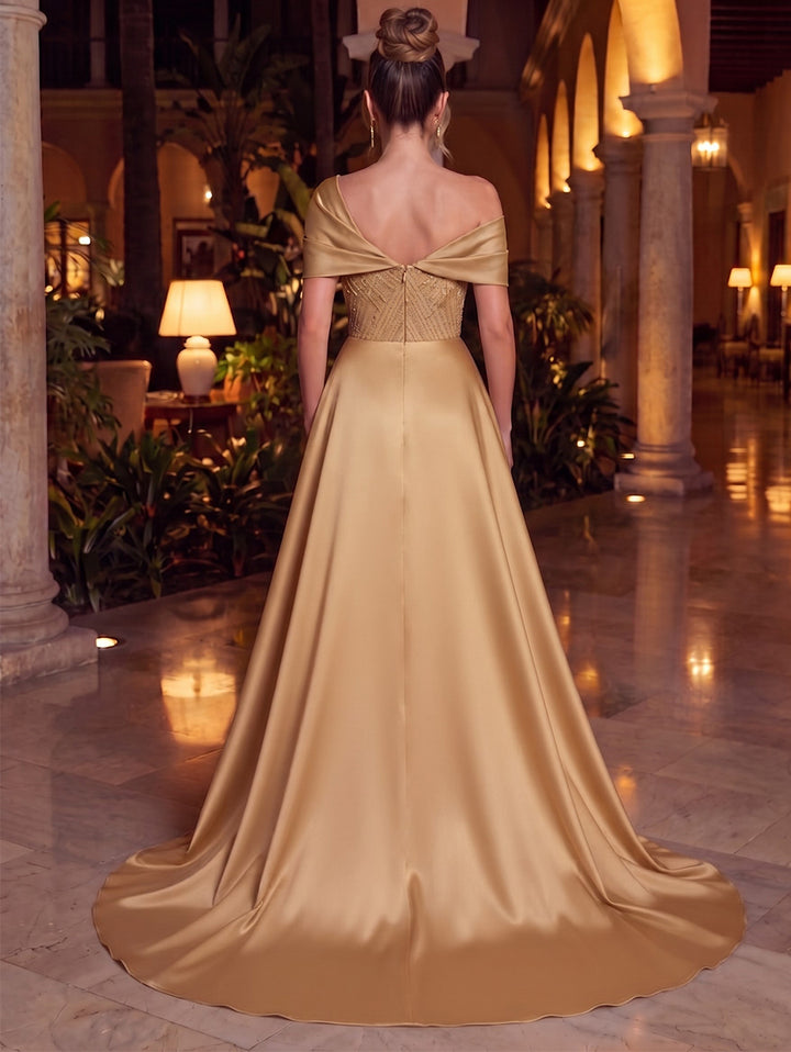 A-Line/Princess Off-the-Shoulder Sleeveless Satin Floor-Length Evening Dresses with Sequins