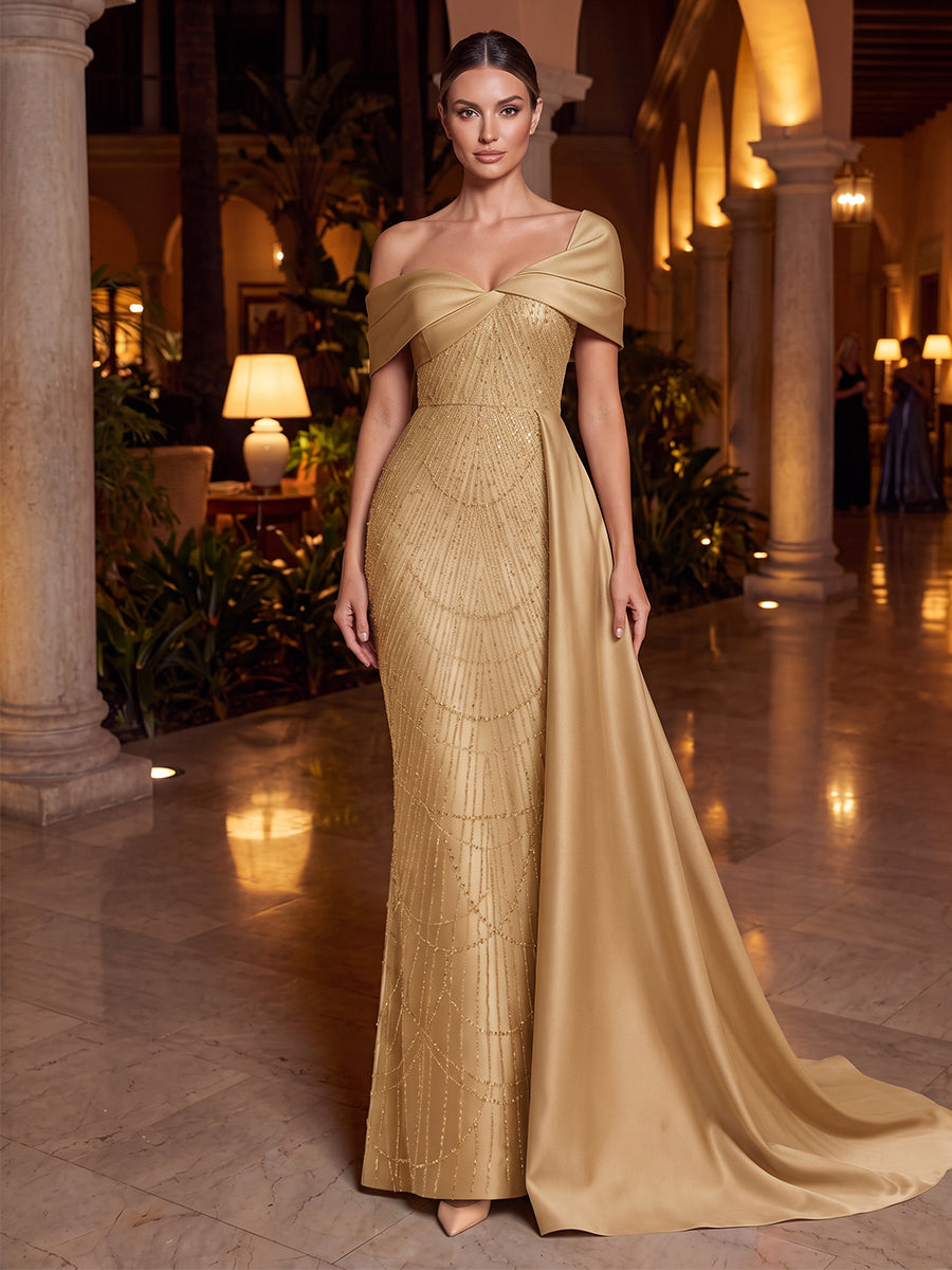 Sheath/Column Off-the-Shoulder Sleeveless Satin Floor-Length Evening Dresses with Sequins&amp;Sash
