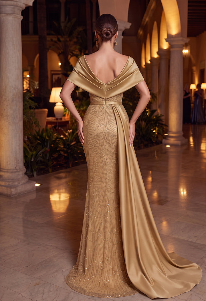 Sheath/Column Off-the-Shoulder Sleeveless Satin Floor-Length Evening Dresses with Sequins&amp;Sash