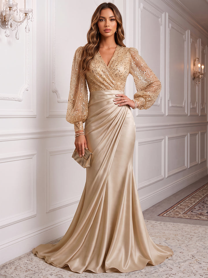 A-Line/Princess V-Neck Long Sleeves Silk Satin Floor-Length Evening Dresses with Sequins&amp;Pleats