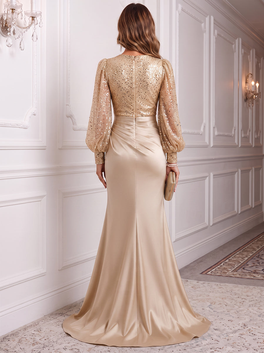 A-Line/Princess V-Neck Long Sleeves Silk Satin Floor-Length Evening Dresses with Sequins&amp;Pleats