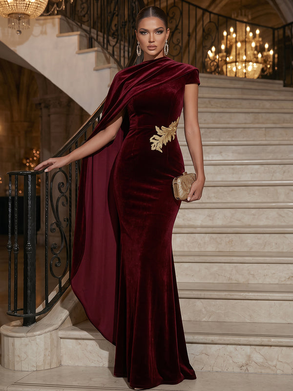 Sheath/Column Scoop Cap Sleeves Velvet Floor-Length Evening Dresses with Applique