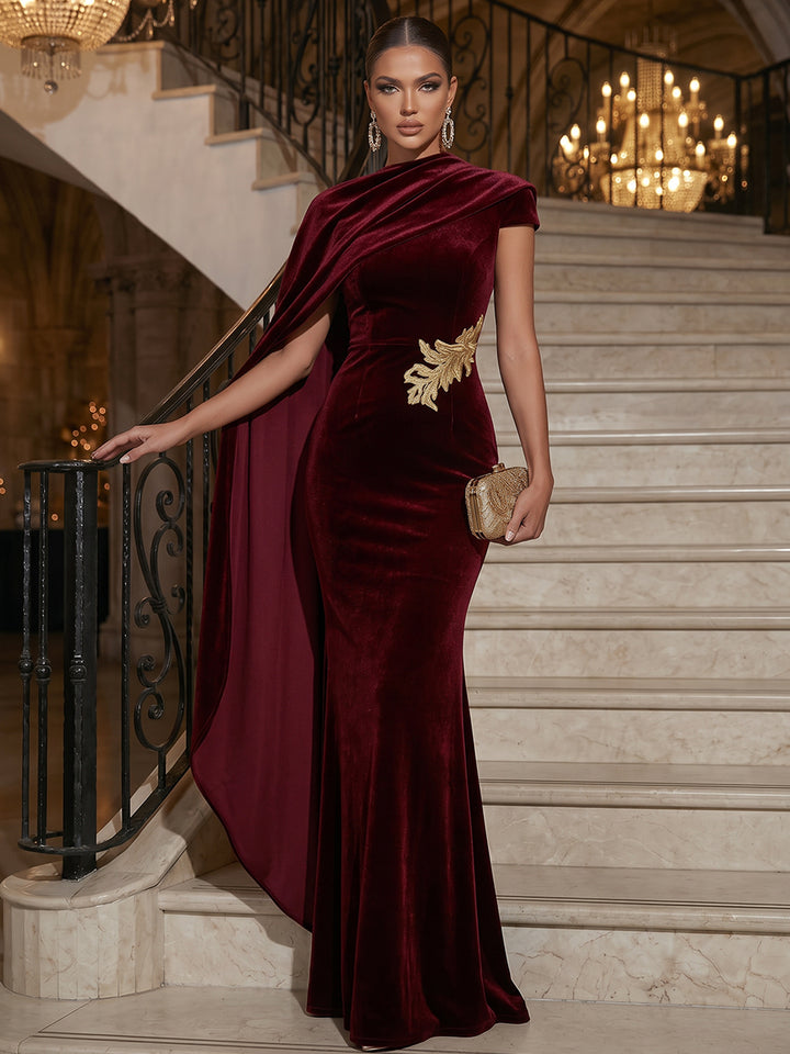 Sheath/Column Scoop Cap Sleeves Velvet Floor-Length Evening Dresses with Applique