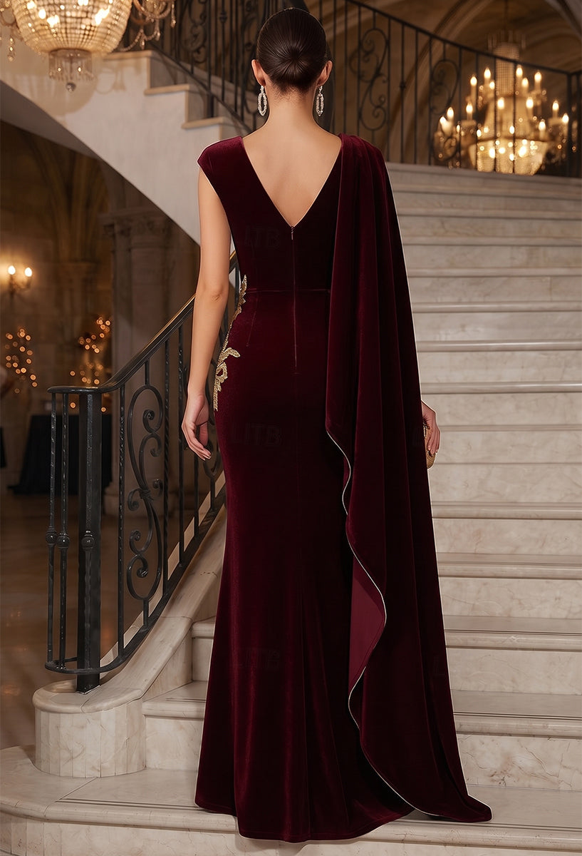 Sheath/Column Scoop Cap Sleeves Velvet Floor-Length Evening Dresses with Applique