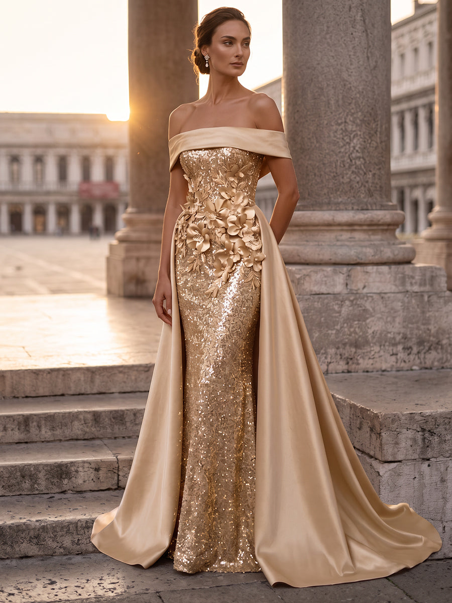 A-Line/Princess Off-the-Shoulder Sleeveless Satin Floor-Length Evening Dresses with Sequins&amp;3D Flower