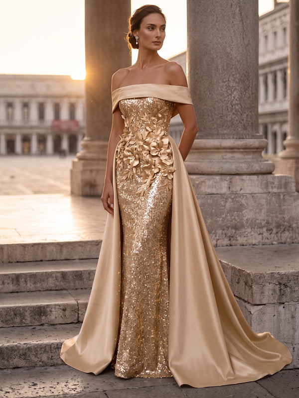 A-Line/Princess Off-the-Shoulder Sleeveless Satin Floor-Length Evening Dresses with Sequins&3D Flower