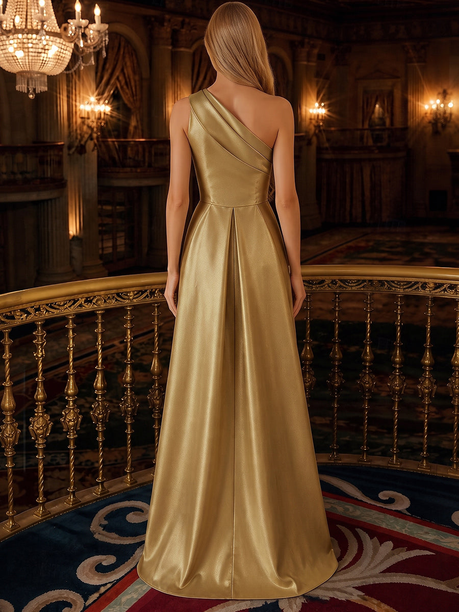 A-Line/Princess One-Shoulder Sleeveless Satin Sequin Floor-Length Evening Dresses with Applique