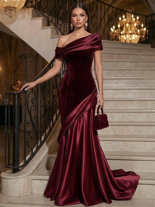 A-Line/Princess Off-the-Shoulder Sleeveless Velvet Satin Floor-Length Evening Dresses with Pleats