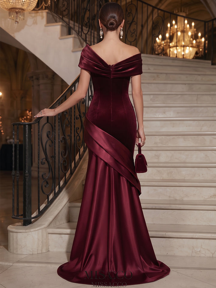 A-Line/Princess Off-the-Shoulder Sleeveless Velvet Satin Floor-Length Evening Dresses with Pleats