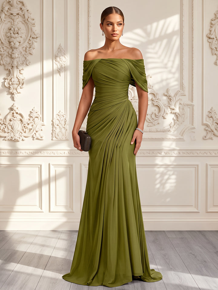 Sheath/Column Off-the-Shoulder Sleeveless Chiffon Floor-Length Evening Dresses with Pleats