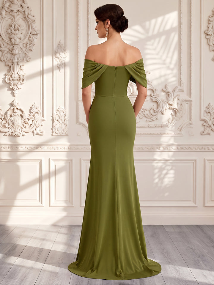 Sheath/Column Off-the-Shoulder Sleeveless Chiffon Floor-Length Evening Dresses with Pleats