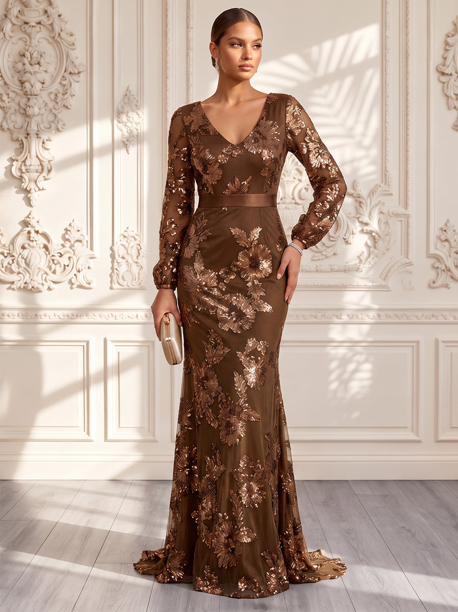 Sheath/Column V-Neck Long Sleeves Chiffon Floor-Length Evening Dresses with Applique &amp; Blet