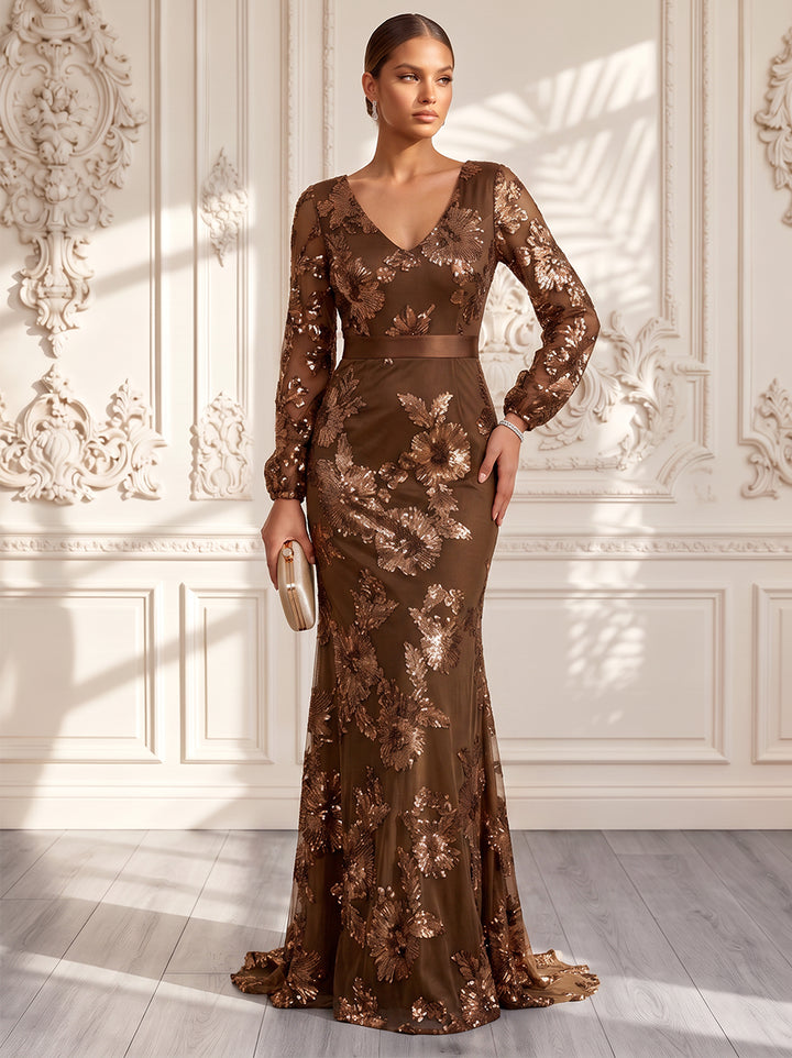 Sheath/Column V-Neck Long Sleeves Chiffon Floor-Length Evening Dresses with Applique &amp; Blet