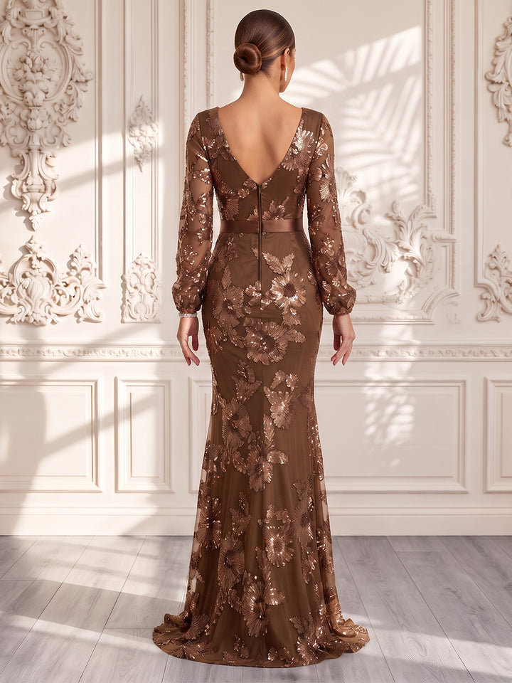 Sheath/Column V-Neck Long Sleeves Chiffon Floor-Length Evening Dresses with Applique &amp; Blet