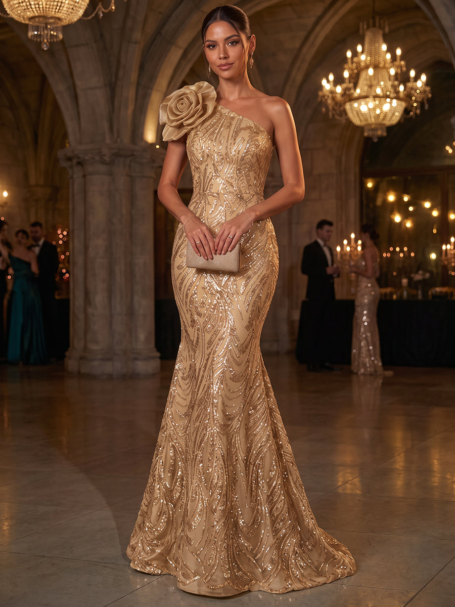 Trumpet/Mermaid One-Shoulder Sleeveless Tulle Floor-Length Evening Dresses with Appliques&amp;3D Flower