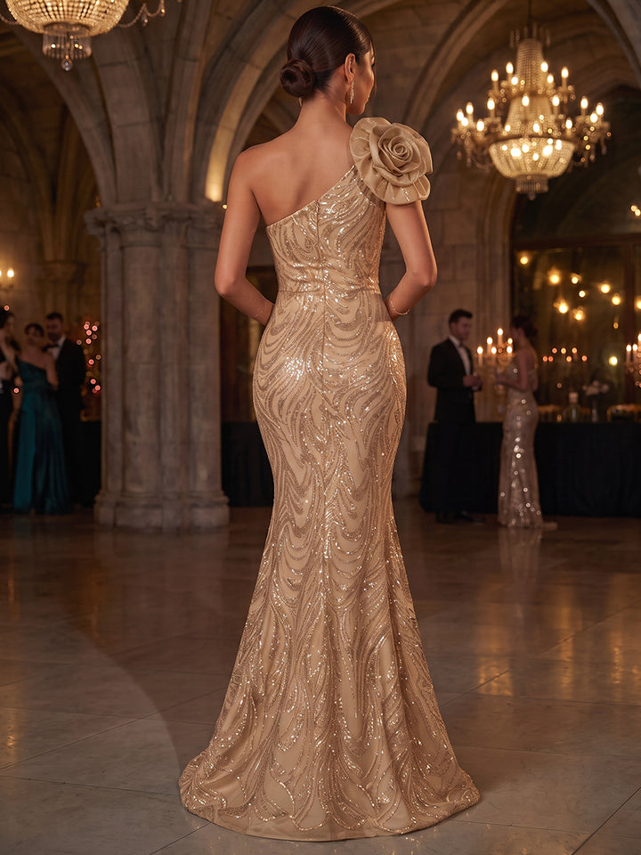 Trumpet/Mermaid One-Shoulder Sleeveless Tulle Floor-Length Evening Dresses with Appliques&amp;3D Flower