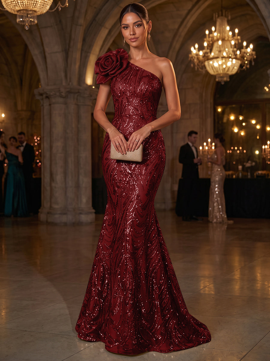 Trumpet/Mermaid One-Shoulder Sleeveless Tulle Floor-Length Evening Dresses with Appliques&amp;3D Flower