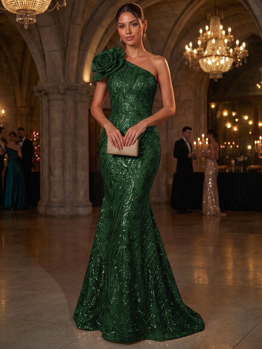 Trumpet/Mermaid One-Shoulder Sleeveless Tulle Floor-Length Evening Dresses with Appliques&amp;3D Flower