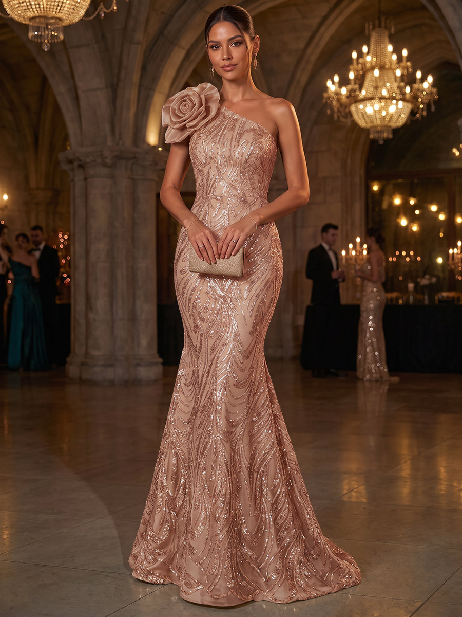 Trumpet/Mermaid One-Shoulder Sleeveless Tulle Floor-Length Evening Dresses with Appliques&amp;3D Flower