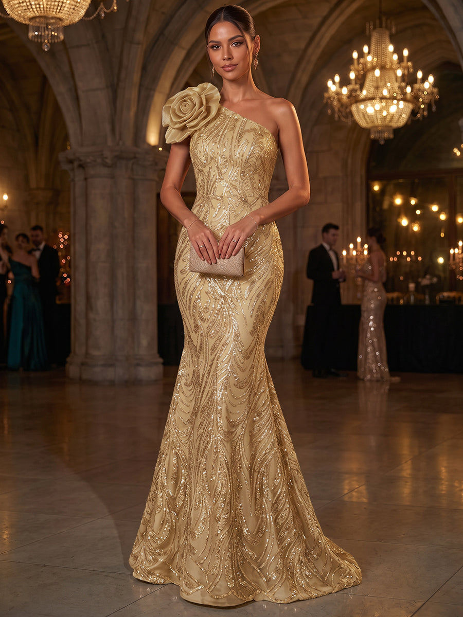Trumpet/Mermaid One-Shoulder Sleeveless Tulle Floor-Length Evening Dresses with Appliques&amp;3D Flower