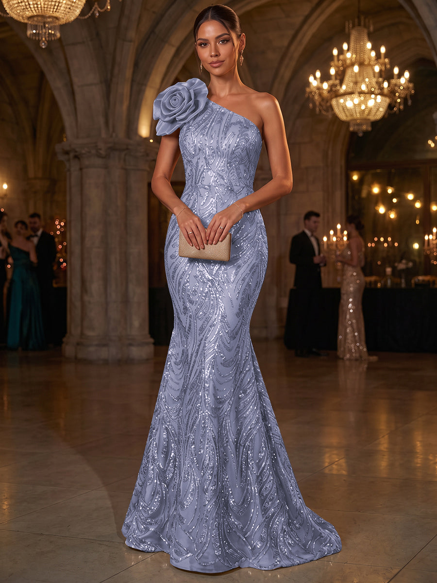 Trumpet/Mermaid One-Shoulder Sleeveless Tulle Floor-Length Evening Dresses with Appliques&amp;3D Flower