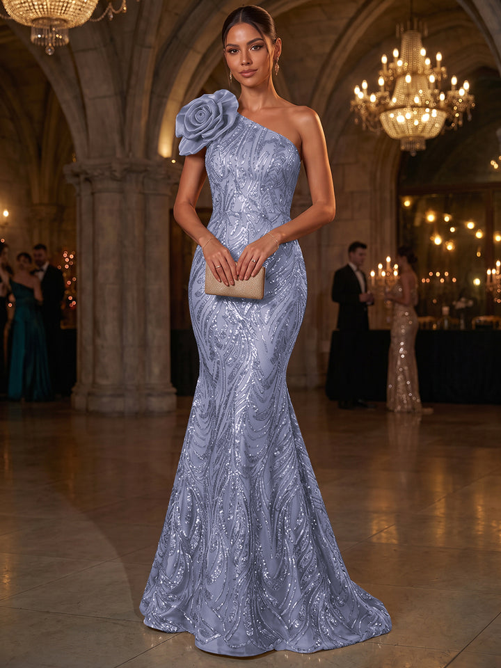 Trumpet/Mermaid One-Shoulder Sleeveless Tulle Floor-Length Evening Dresses with Appliques&amp;3D Flower