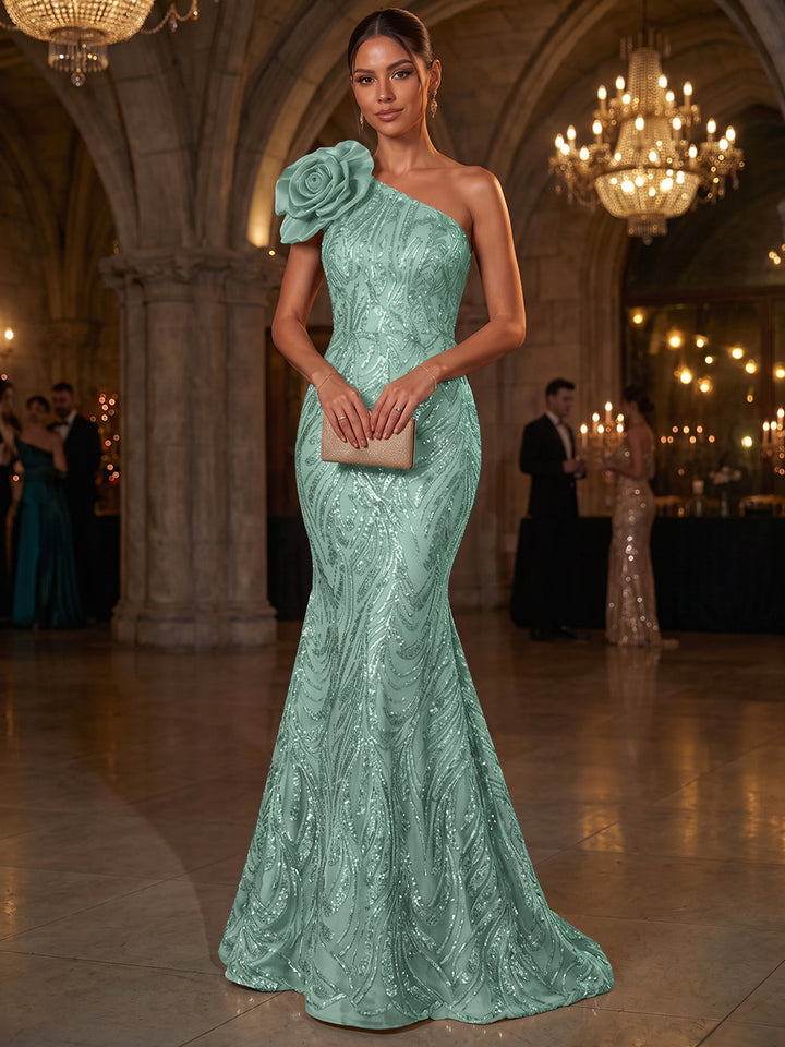 Trumpet/Mermaid One-Shoulder Sleeveless Tulle Floor-Length Evening Dresses with Appliques&amp;3D Flower
